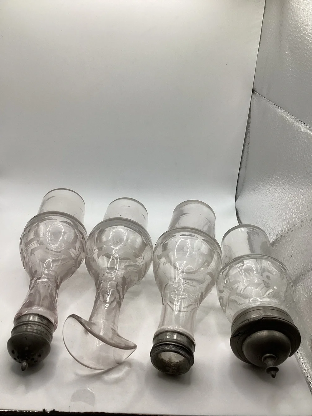 Clear Etched Glass Cruet and Shaker Set with Pewter Lids